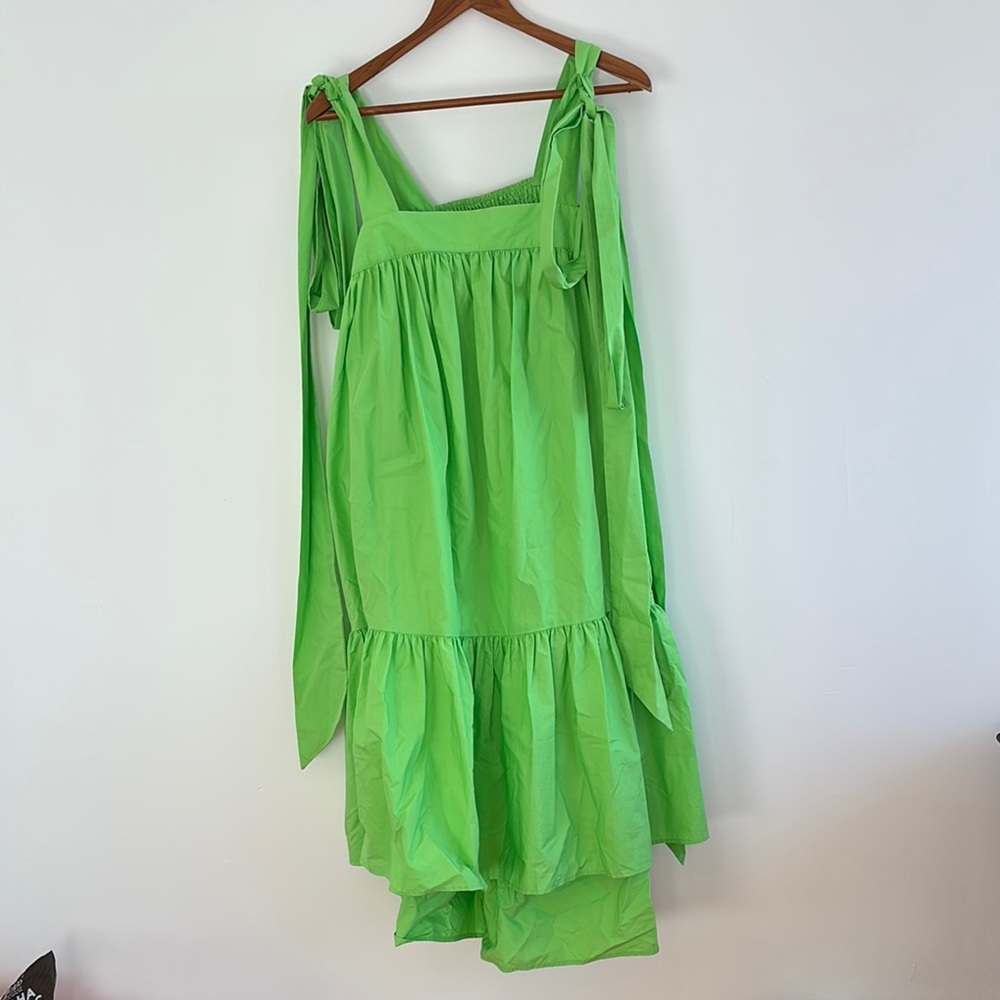 Christopher John Rogers Green Sundress with Ruffled Tiered Skirt and Square Neck